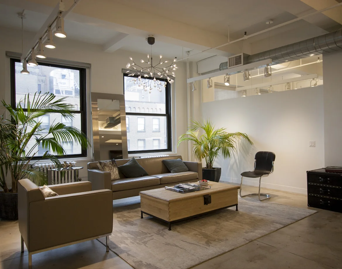 Relaxed commercial lounge with plants, artwork, and perimeter windows